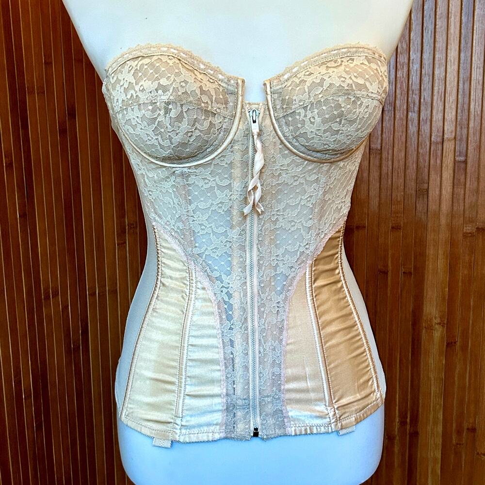 Vintage 70s Lady Marlene Corset Bustier Lace Zip Boned 32B